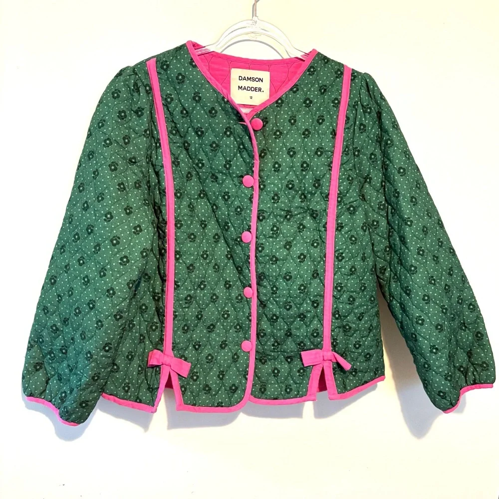 Damson Madder Diana green and pink quilted bow jacket - Picture 5 of 11